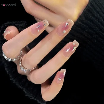 Накладные ногти в стиле Y2K с серебряными звездочками, Градиентный фиолетовый рисунок на ногтях, балетные накладные ногти средней длины для женской вечеринки