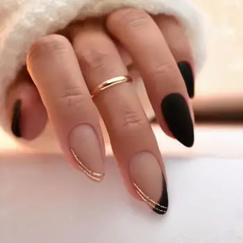 Длинные накладные ногти, французский маникюр, коричнево-черные кончики для ногтей, Съемные миндальные накладные ногти Для женщин