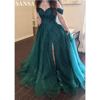 Sansa сексуальное платье трапециевидной формы с открытыми плечами, блестящее темно-зеленое вечернее платье с кружевной вышивкой и разрезом сбоку, пышные платья для выпускного вечера