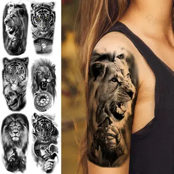 Черные временные татуировки Рыцаря Льва Для женщин и мужчин, Реалистичный Тигр, Компас, Череп, Дерево, поддельная татуировка, наклейка на руку, Ногу, татуировка Большая