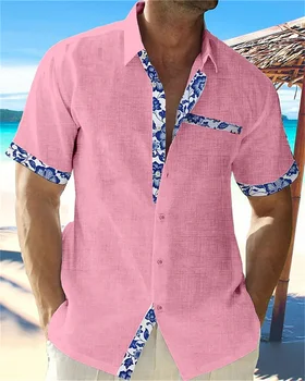 2023 летняя модная мужская гавайская льняная рубашка, мужская повседневная пляжная рубашка с кружевным принтом и карманом, короткий рукав, куртка большого размера, 5 цветов, топ