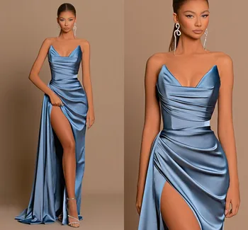 Сексуальные синие женские вечерние платья-футляр, формальные атласные платья для выпускного вечера длиной до пола с разрезом, Robe De Soiree Abendkleider