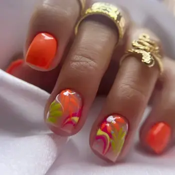 Короткие круглые накладные ногти Модные французские волнистые накладные ногти с полным покрытием Летние Оранжевые типсы для ногтей своими руками