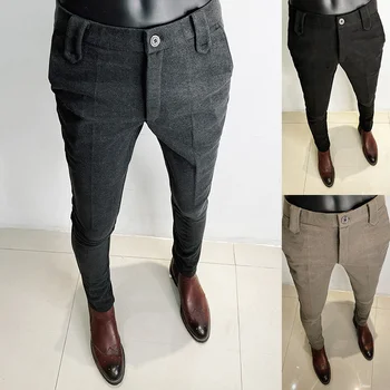 Осенне-зимние утолщенные костюмные брюки Мужские повседневные прямые брюки приталенного кроя Формальные деловые шерстяные брюки из ткани для офиса