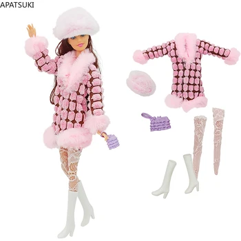 Розовое длинное пальто из искусственного меха, комплект одежды для куклы Барби, модная меховая шапка, Носки, ботинки, сумка для обуви 1/6, аксессуары для кукол, игрушки