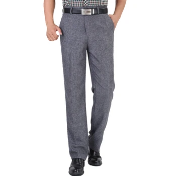 Новые Летние Тонкие мужские повседневные костюмные брюки с высокой талией, Однотонные Свободные льняные брюки Среднего возраста, Прямые деловые вечерние брюки