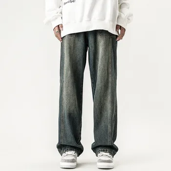 Американские модные джинсы в стиле пэчворк для мужчин, осенне-зимние прямые высокие уличные брюки, широкие джинсы, брюки-карго для мужчин
