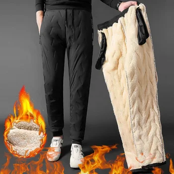 Хлопчатобумажные брюки мужские зимние утолщенные мужские брюки с подкладкой из овечьей шерсти Сотни мужских ветрозащитных пуховых хлопчатобумажных брюк большого размера