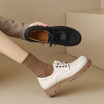 Повседневные туфли-лодочки из искусственной кожи с круглым носком в британском стиле, весна-осень, универсальная женская оксфордская обувь на платформе со шнуровкой и толстой подошвой.