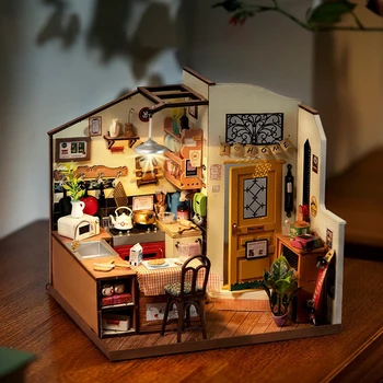 2024 Новый 3D деревянный пазл, миниатюрный домик, Счастливая кухня, игрушки для сборки с подсветкой, Украшения для коллекции, Рождественские подарки