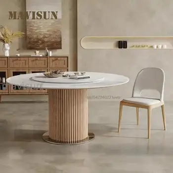 Обеденный стол из массива дерева с поворотным столом на 360 ° Кухонная мебель Столешница из каменной плиты 12 мм, Набор круглых столов в итальянском стиле