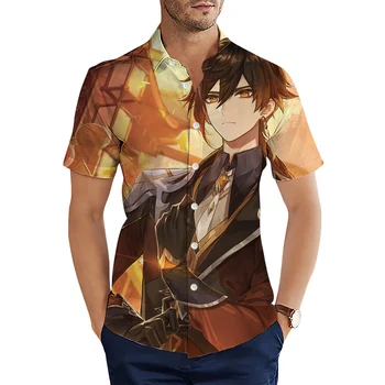 Рубашки HX с рисунком аниме, рубашка с коротким рукавом с 3D принтом Genshin Impact для мужчин, летняя повседневная уличная одежда, пляжные рубашки, майки