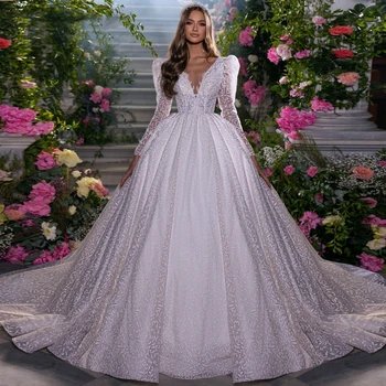 Роскошные свадебные платья с кружевными аппликациями, принцесса, V-образный вырез, длинные рукава, Свадебные бальные платья на заказ, Vestidos De Novia