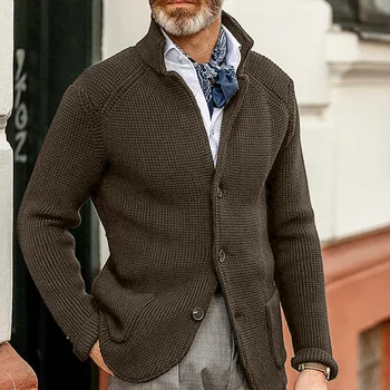 Мужской свитер, пальто с лацканами, Однотонный зимний свитер с длинными рукавами и карманами, однобортный, сохраняющий тепло, Вязаное мужское пальто для повседневной носки