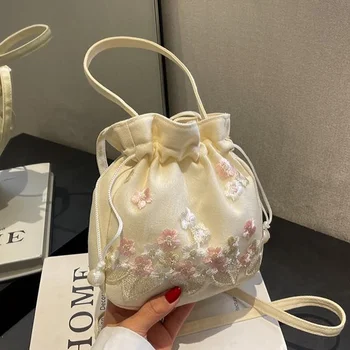 Женская сумка на шнурке с цветочной вышивкой, винтажная сумка в китайском стиле, сумка для телефона, Этническая цветочная сумка через плечо
