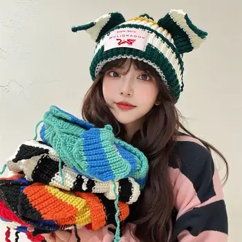 Зимние милые кошачьи ушки в полоску шапочки для женщин цвет лоскутное осень шляпа японский вязаная шапочка крючком ведро с крышкой Y2K шерсть шляпа