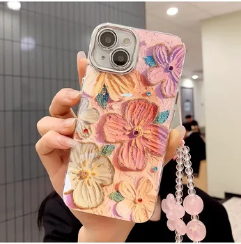 Водная алмазная роспись цветочным ремешком Чехол для телефона iPhone 15 Plus 13 12 14 11 Pro Max PC Hard Shell Чехол для предотвращения падения