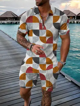 Модный мужской комплект уличной одежды с 3D цифровой печатью Рубашка поло с коротким рукавом + шорты Летний костюм Harajuku Спортивная мужская одежда