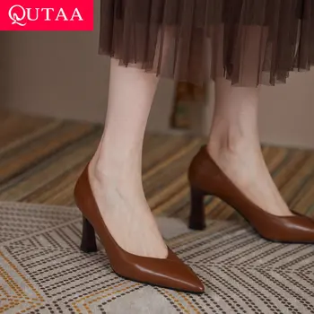QUTAA / 2022 Женская обувь Летние туфли на высоком квадратном каблуке, элегантные женские туфли-лодочки без застежки из натуральной кожи с острым носком, размер 34-40