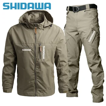 Мужские тонкие весенне-осенние тактические костюмы для рыбалки, уличная водонепроницаемая куртка с капюшоном, рыболовные брюки, Ветрозащитная походная куртка + брюки