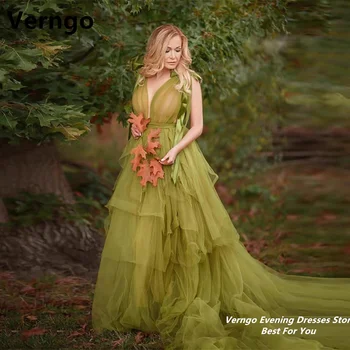 Выпускное платье Verngo Green на тонких бретельках в виде сердечка, многоуровневое длинное вечернее платье из тюля, вечернее платье с глубоким V-образным вырезом, вечернее платье большого размера