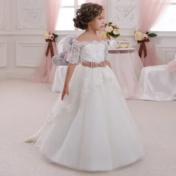 Реальное изображение Прекрасные платья для девочек в цветочек, свадебное бальное платье из тюля с вырезом лодочкой длиной до пола, платье подружки невесты для девочек