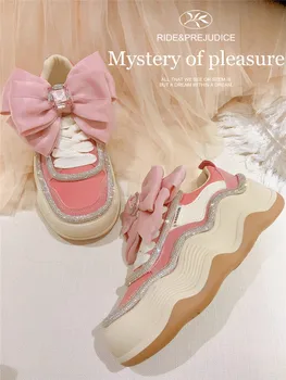 Осенняя японская Лолита с бантом, розовая спортивная обувь на платформе со шнуровкой, цветная женская студенческая обувь на толстой подошве