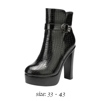 Высококачественные женские ботинки из воловьей кожи до середины икры на платформе на высоком каблуке 12 см 2023, осень-зима, 33, 42, 43, элегантная обувь - черный