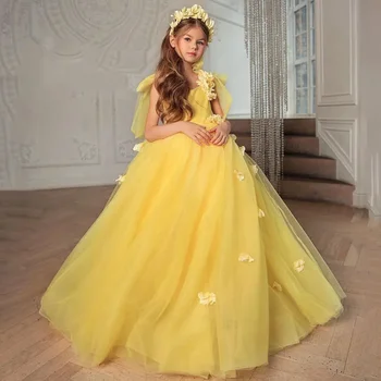 Платья для девочек-цветочниц из желтого тюля с пышным 3D бантом в виде лепестков без рукавов для свадьбы, банкета, дня рождения, платья для первого причастия