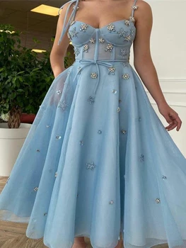 Элегантное синее вечернее платье с аппликацией из кристаллов, кружевное платье на бретелях, платье для выпускного вечера в стиле милой девушки, плиссированное вечернее платье с рюшами, Vestido De
