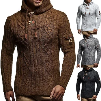 Осенне-зимний свитер 2023 для мужчин, мужской однотонный вязаный пуловер с капюшоном на пуговицах из коровьего рога с длинным рукавом, приталенного кроя