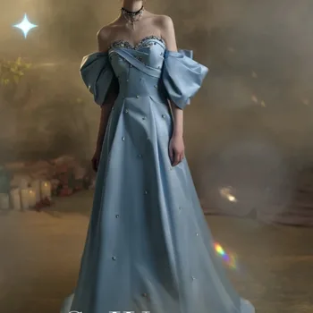 Элегантные вечерние платья с бриллиантами синего цвета, женское роскошное свадебное платье с бисером, платье с вырезом лодочкой, халат с пышными рукавами