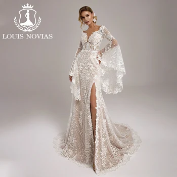 Свадебное платье Русалки с расклешенными рукавами LOUIS NOVIAS, аппликации в виде сердца, Полупрозрачное свадебное платье с разрезом на бедрах, Vestidos De Novia