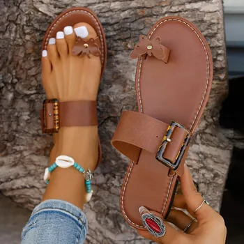 Летние Сандалии в стиле ретро с носком 2024, Новая Европейско-американская мода, Нескользящие тапочки с бабочкой на плоской подошве, Уличная Пляжная Повседневная обувь