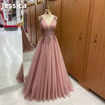 Розовые платья Джессики для выпускного вечера, вечернее платье с аппликацией из тюля, Индивидуальный размер, Свадебные платья для официальных мероприятий, вечерние платья для вечеринок.