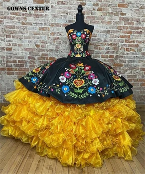 Красочные Цветы Вышивка Золотые Оборки Черное Мексиканское Бальное Платье Пышное Платье Милая Корсет Свадебные Платья Sweet 16