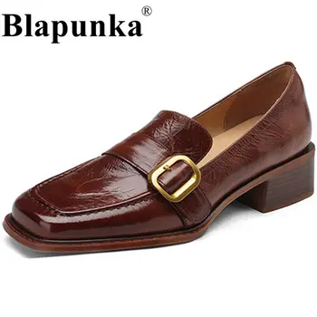 Blapunka / высококачественные женские туфли-лодочки из натуральной кожи на блочном каблуке С квадратным носком и металлической пряжкой, Обувь без застежек на среднем каблуке