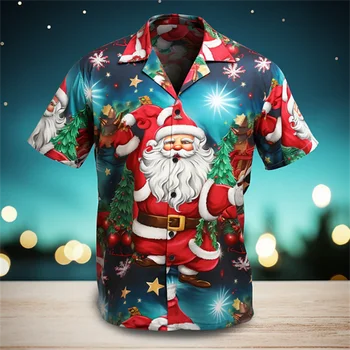 2024 Рождественский Санта Повседневная Рубашка Мужская С Коротким Рукавом Мода Гавайская Вечеринка Лето Уличный Стиль Пляжная Одежда Топы Одежда S-6XL