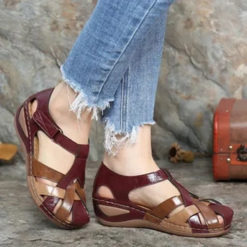 Женские сандалии 2023, Летние Римские винтажные женские туфли на платформе с открытой танкеткой, женские сандалии с вышивкой на крючках и петлях