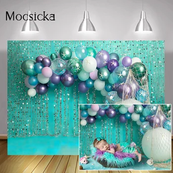 Фотография портрета Новорожденной Русалочки на фоне Воздушных шаров, блесток, синего фона, морского Праздничного торта, Фотосессии