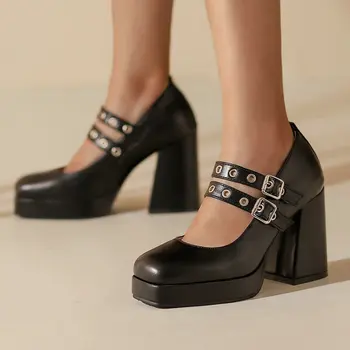 Офисные туфли-лодочки для зрелых дам с квадратным носком и ремешком с двойной пряжкой, Женские весенние модельные туфли на платформе и массивных каблуках-шпильках Mary Janes