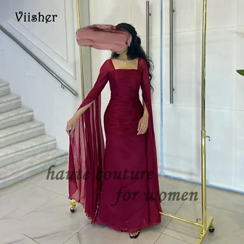 Вечерние платья Русалки из шифона винно-красного цвета с накидкой с квадратным вырезом, Арабское вечернее платье для выпускного вечера в Дубае Длиной до пола, вечерние платья для вечеринок
