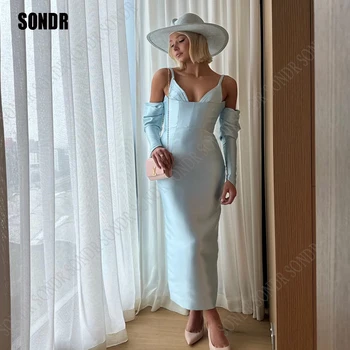 SONDR Светло-голубые вечерние платья с длинными рукавами и V-образным вырезом, прямые Атласные платья для выпускного вечера для женщин большого размера, вечерние коктейльные платья для выпускного вечера 2024 года