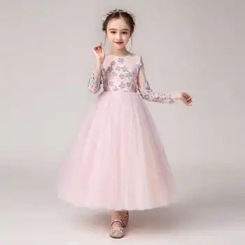 Новое детское платье с длинным рукавом, кружевное платье для ведущей шоу для девочек, длинное платье