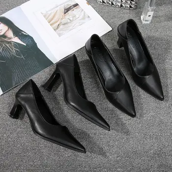 2023 Новые весенние и осенние туфли на высоком каблуке, рабочая обувь на толстом каблуке, черная универсальная женская обувь с острыми носками, обувь Мэри Джейн