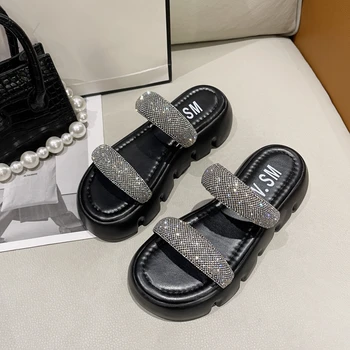 Модные тапочки на плоской платформе с кристаллами 2022 Летние Новые Спортивные сандалии Роскошные туфли на каблуках Брендовая женская обувь для вечеринок Женские слайды