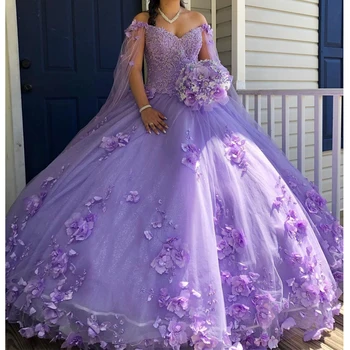 Роскошное Платье Lorencia Shinny Lilac Princess Quinceanera 2023 С Накидкой Из 3D Цветов И Аппликацией Из Бисера Sweet 16 Vestido De 15 Anos YQD306