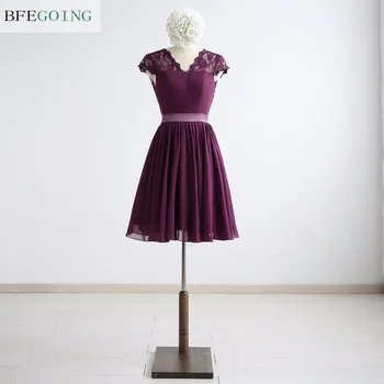 Фиолетовое шифоновое платье для подружки невесты трапециевидной формы длиной до колен, рукава-капоры с V-образным вырезом сзади, настоящие/оригинальные фотографии, сделанные на заказ