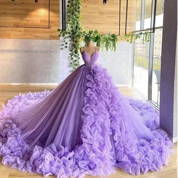 Фиолетовые пышные платья с аппликацией и цветами, вечерние платья Sweet Princess без рукавов с V-образным вырезом и шлейфом