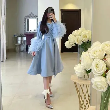AsaNagi Летние светло-голубые платья для выпускного вечера с V-образным вырезом и перьями 2023, винтажное модное вечернее платье Миди с длинным рукавом